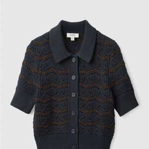 COS Navy Blue Knit Short-Sleeve Button Cardigan with Brown Accents Size XS